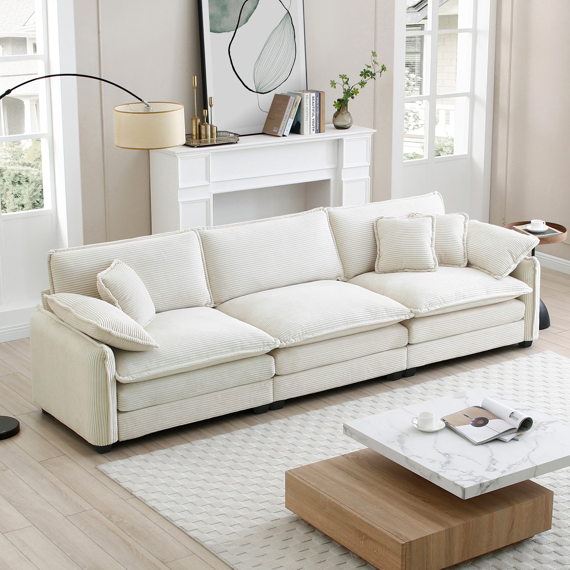 Modern 3-Seater Sectional Sofa with 2 Arm Pillows and 3 Throw Pillows and Memory Foam Cushions for Living Room