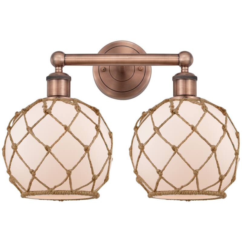 Innovations Lighting Endless Possibilities Edison - Farmhouse Rope - 2 Light 17" Bath Vanity Light - White Glass with Brown Rope/Antique Copper