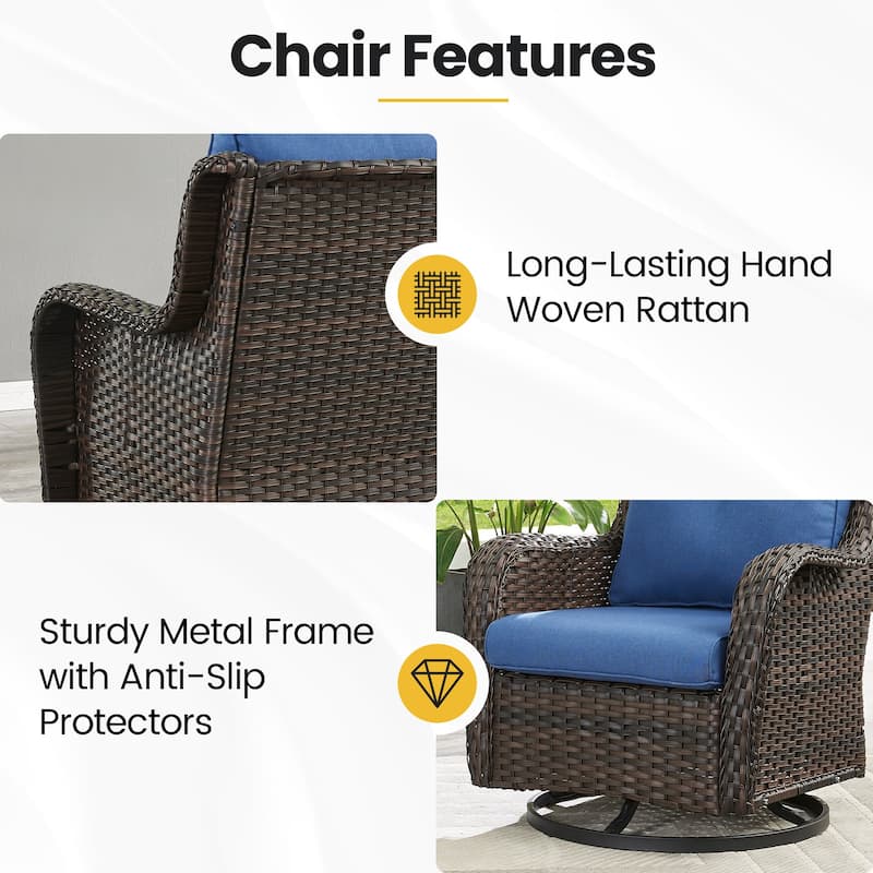 3 Pieces Wicker Swivel Glider Chairs with Side Table- Blue cushion - Brown