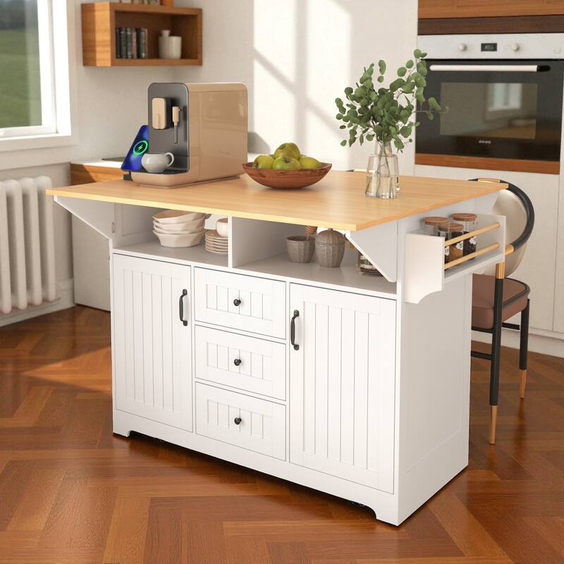 55.7" Large Kitchen Island with Dual Drop Leaf, Power Outlet, Rolling Kitchen Cart with Drawers & Storage Cabinet - White