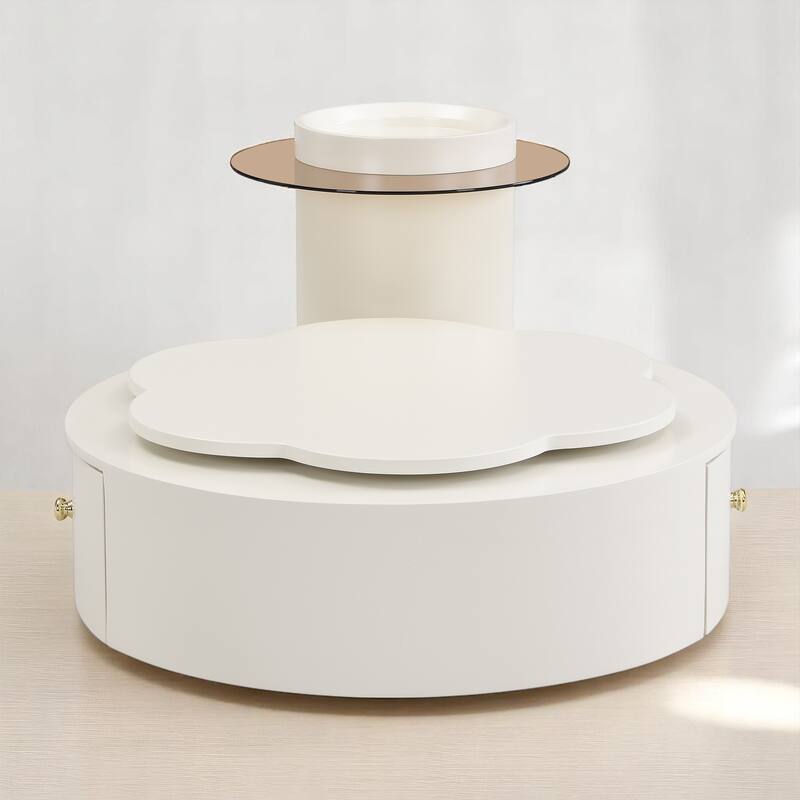 2-Piece Rotating Flower-Shaped Coffee Table Set, Drawers, and Top Circle Side Table End Table with Glass for Living Room