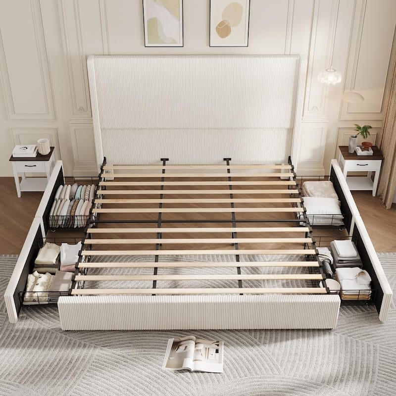 Upholstered Platform Bed Frame with Storage Drawers and Tufted Wingback Headboard, Easy Assembly