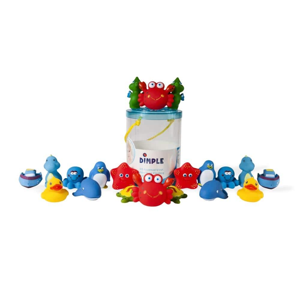 Dimple Set of 20 Floating Bath Toys, Squirter Toys for kids, 20 Different Sea Animals, Vehicles and Shapes, Squeeze to Spray!