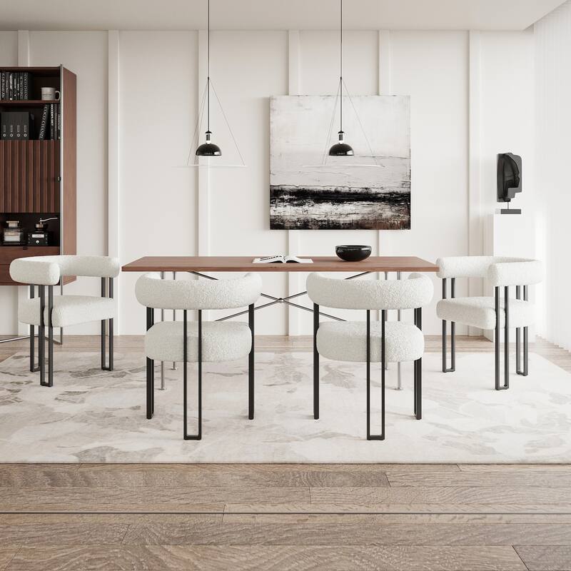 Set of 2 Upholstered Dining Chairs, Bouclé Fabric Accent Chairs with Metal Frame, with Cushioned Seat & Back