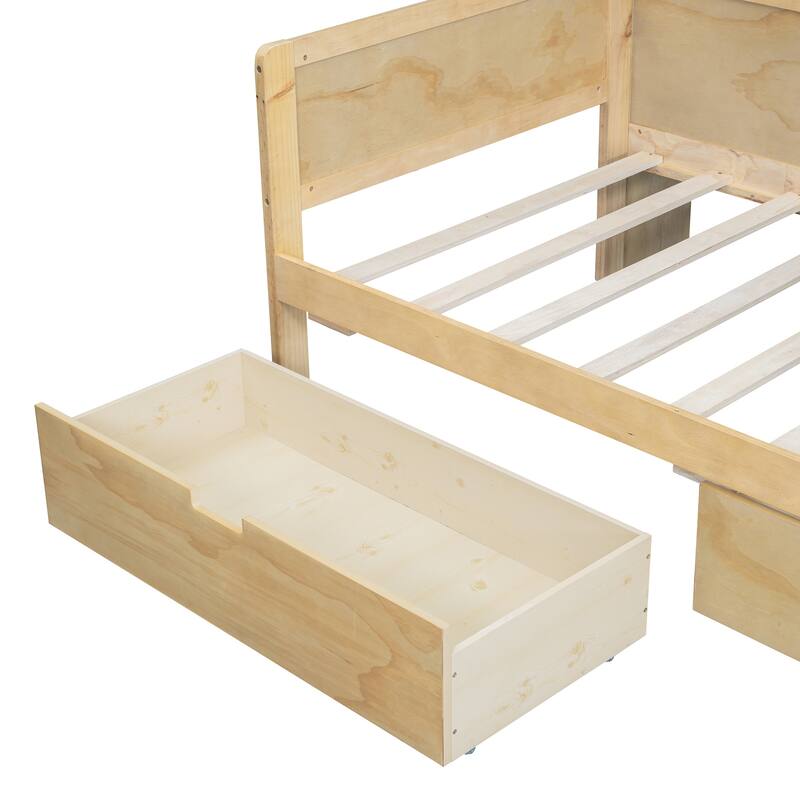 Wooden Twin Size Daybed with Storage Shelves, Multi-functional Bed with Two Storage Drawers and Study Desk