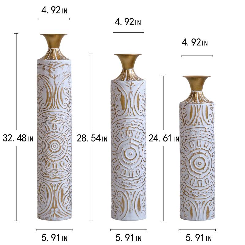 Decorated Floor Glazed Metal Vases (Set of 3)