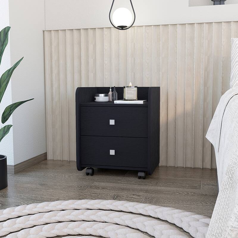 Two Drawer Nightstand with Metal Handle, Black Wengue Finish