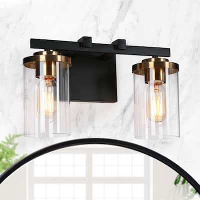 Black Gold 2-Light Modern Bathroom Vanity Light Fixture Glass Wall Lighting - 14" L x 6" W x 8" H