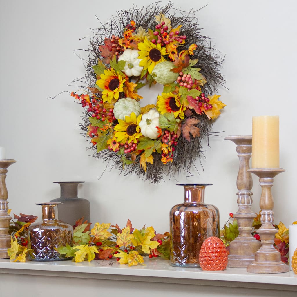 Sunflowers and Gourds Artificial Fall Harvest Wreath - 26" - Unlit
