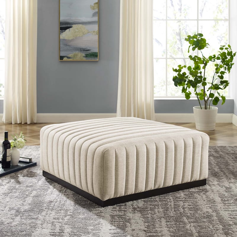Conjure Channel Tufted Upholstered Fabric Ottoman - Black Beige