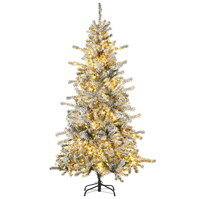 HOMCOM 6ft Tall Prelit Artificial Christmas Tree Holiday Décor with 838 Snow Flocked Branches, 350 Warm White LED Lights, Green