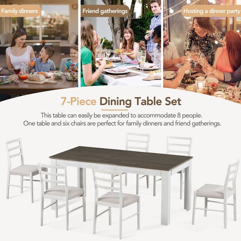 Modern 7-piece Wooden Dining Set with 12" Leaf Extendable Table and 6 Dining Chairs
