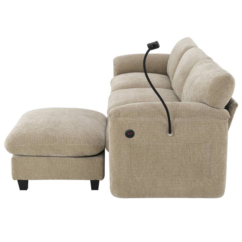 Striped Chenille Modular Sectional Sofa Set with Movable Ottoman, Phone Holder, Dual-Port Charging, 2 Side Storage Pockets