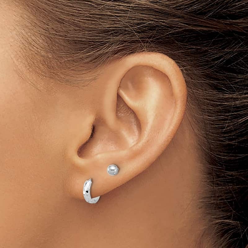 Curata 14k White Gold Polished Ball and Sparkle Cut Hinged Hoop Earrings - 4mm