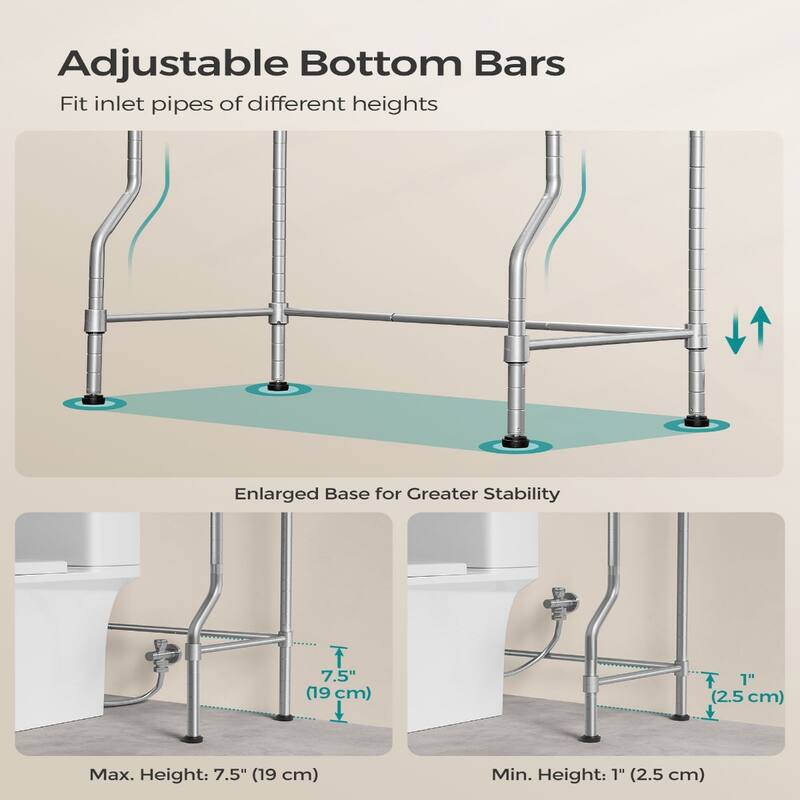 4-Tier Freestanding Metal Over-the-Toilet Storage Rack with 4 Adjustable Shelves and 4 Convenient Hoooks