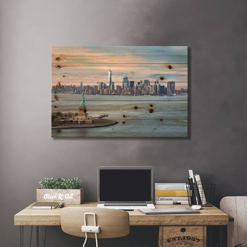 Statue Of Liberty, New York Harbor, Manhattan Skyline, New York City, New York, USA Print On Wood by Matteo Colombo