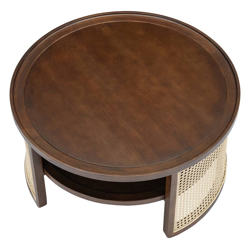 2-Tiered Round Coffee Table with Curved-Edge Top & Rattan Base, Boho Wood Center Table with Storage Shelf for Living Room