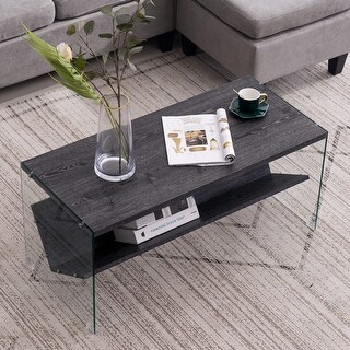 Ivinta SoHo Coffee Table, Gray / Glass Small Cocktail Table with Storage Shelf