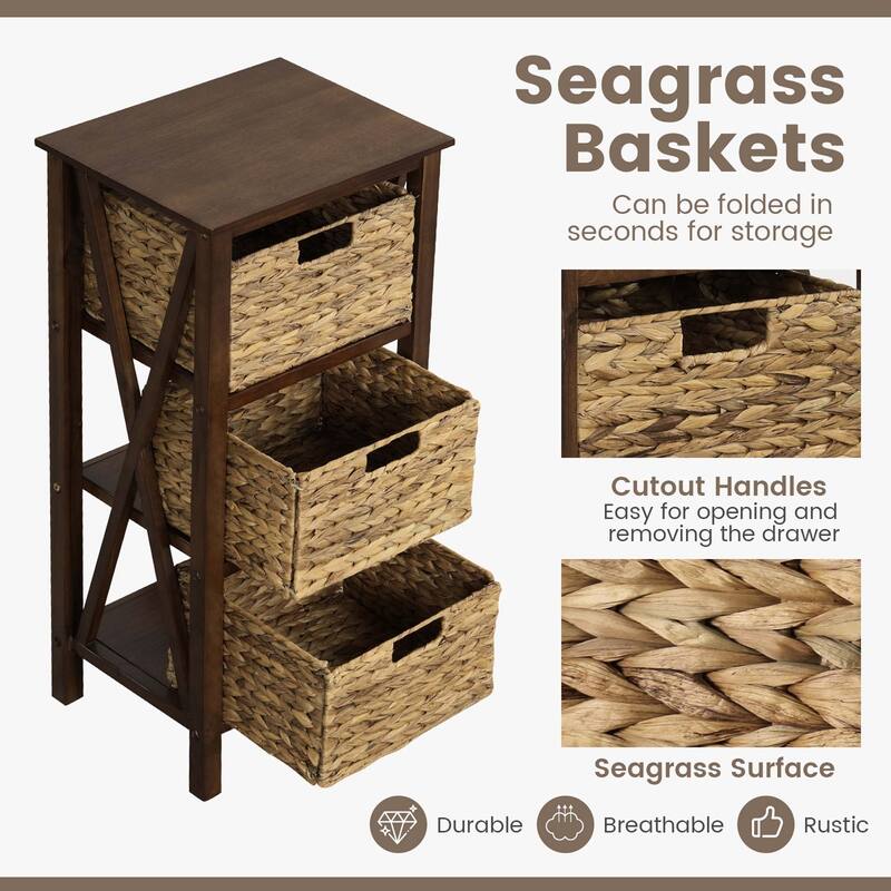 Costway 1/2 PCS 3-Tier Nightstand with 3 Seagrass Baskets Rubber Wood