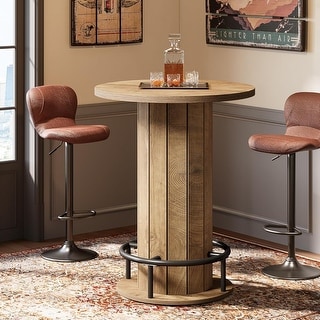 39.4 Inches Wood Round Bar Table, Bistro Pub Table with Metal Ring Footrest