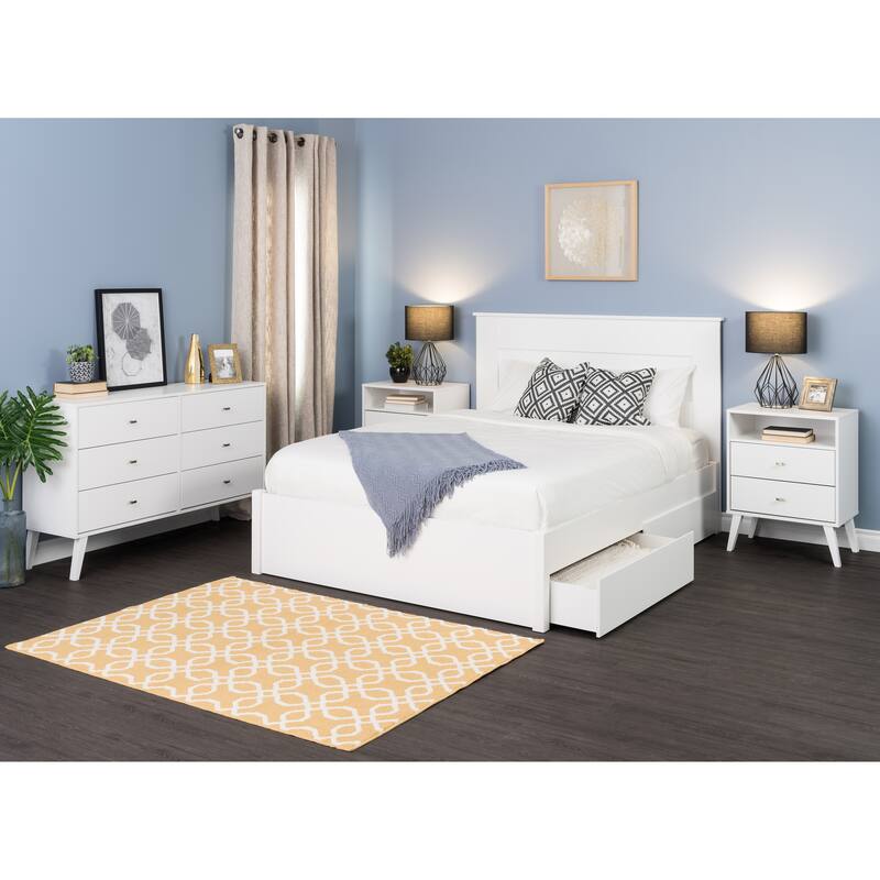 Prepac Milo Mid-Century Modern 2 Drawer Nightstand with Open Shelf, Bedside Table, Contemporary Bedroom Furniture