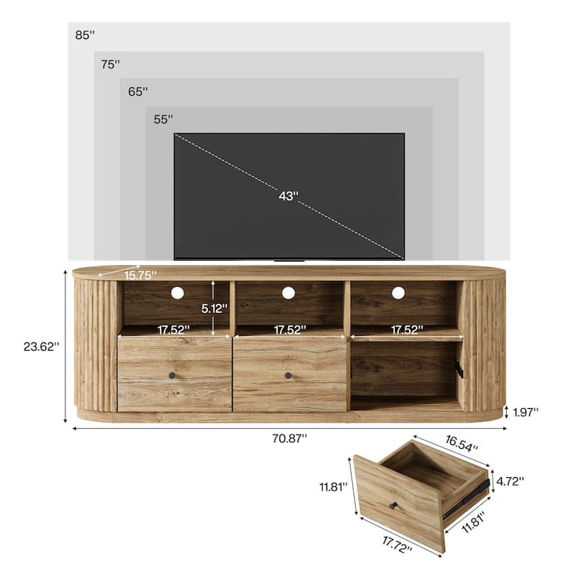 70.9" TV Stand for TVs up to 80", Curved Media Console with 3 Drawers