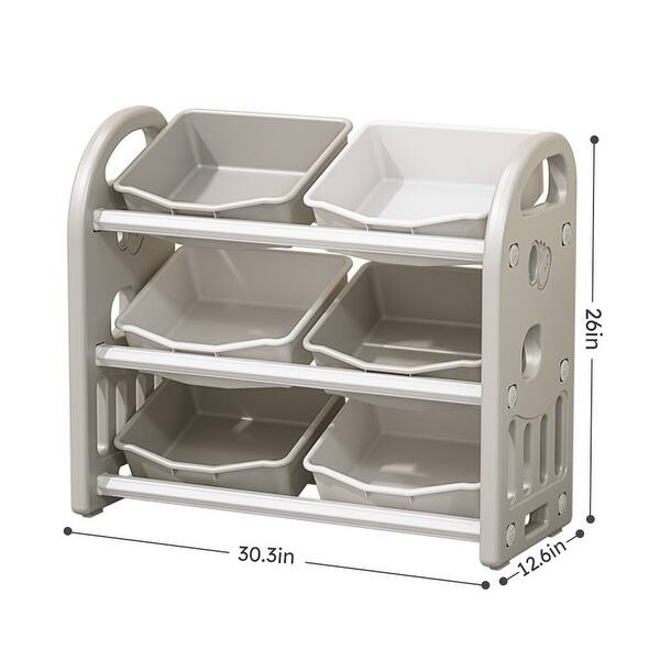 dimension image slide 5 of 8, Kids Toy Storage Organizer with 6 Bins, Multi-functional Nursery Organizer Kids Furniture Set Toy Storage Cabinet Unit
