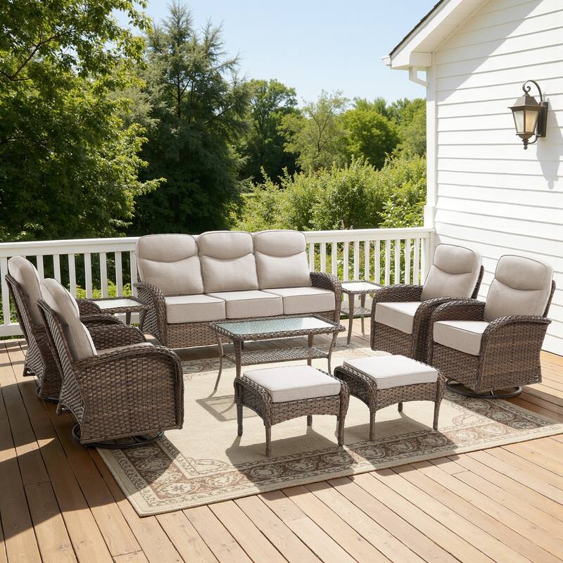 Luna 10-Piece Wicker Patio Conversation Set with Swivel Gliders and 6-Inch Thick Olefin Cushions
