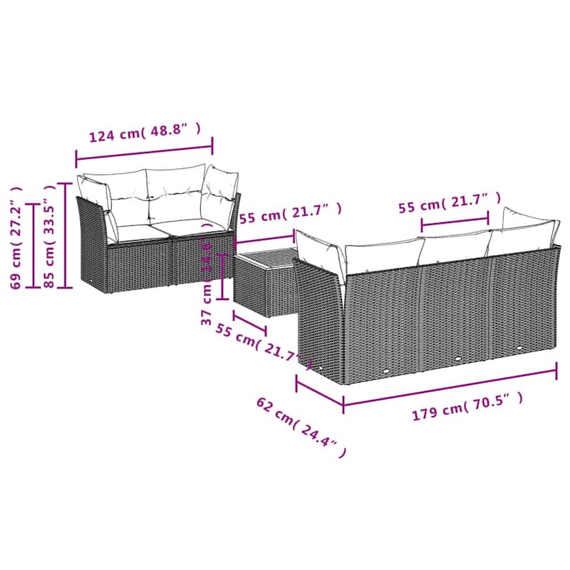 vidaXL 6 Piece Patio Sofa Set with Cushions Gray Poly Rattan - 24.4" x 24.4" x 27.2"