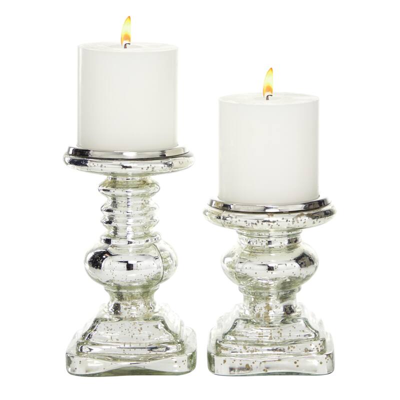 Glass Handmade Turned Style Pillar Candle Holder - Set of 2 Silver - Roche River Decor - Silver - 9", 7"H