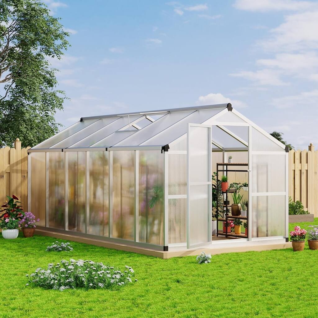 8x12 Ft Large Walk-In Outdoor Greenhouse Ideal For Winter Gardening In Backyard, Patio, And Lawn，Sliver - 8 x 12FT
