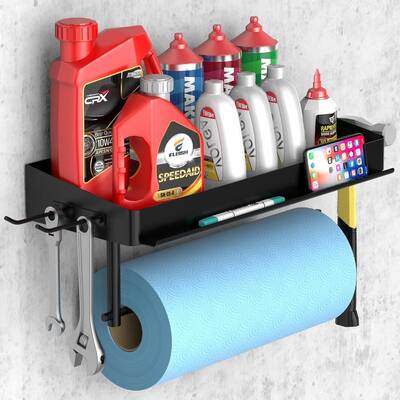 Garage Paper Towel Holder with Shelf, 12-Inch Paper Towel Holder, Wall Mount with 2 Removable Hooks - Black