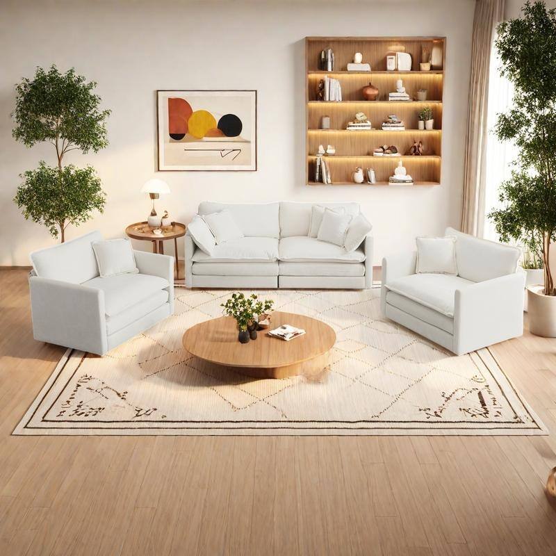 4-Seat Chenille Sofa Set with 2 Arm Chairs + 2-Seater Sofa and Pillows - White