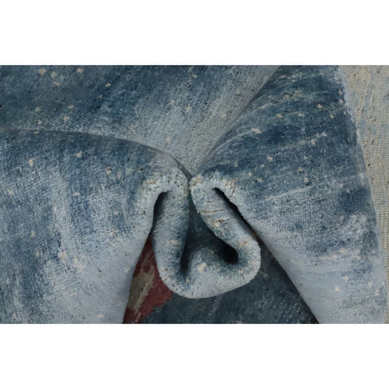 Hand Knotted Oriental Viscose Silk Carpet Modern Pictorial Navy Blue & Blues Abstract Area Rug - 8' 0'' X 5' 0''