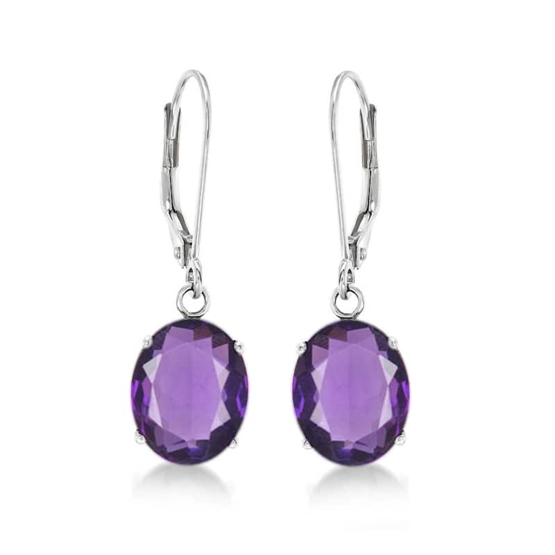 Sterling Silver 10x8 Oval Genuine Birthstone Leverback Dangle Earrings - Purple - Amethyst