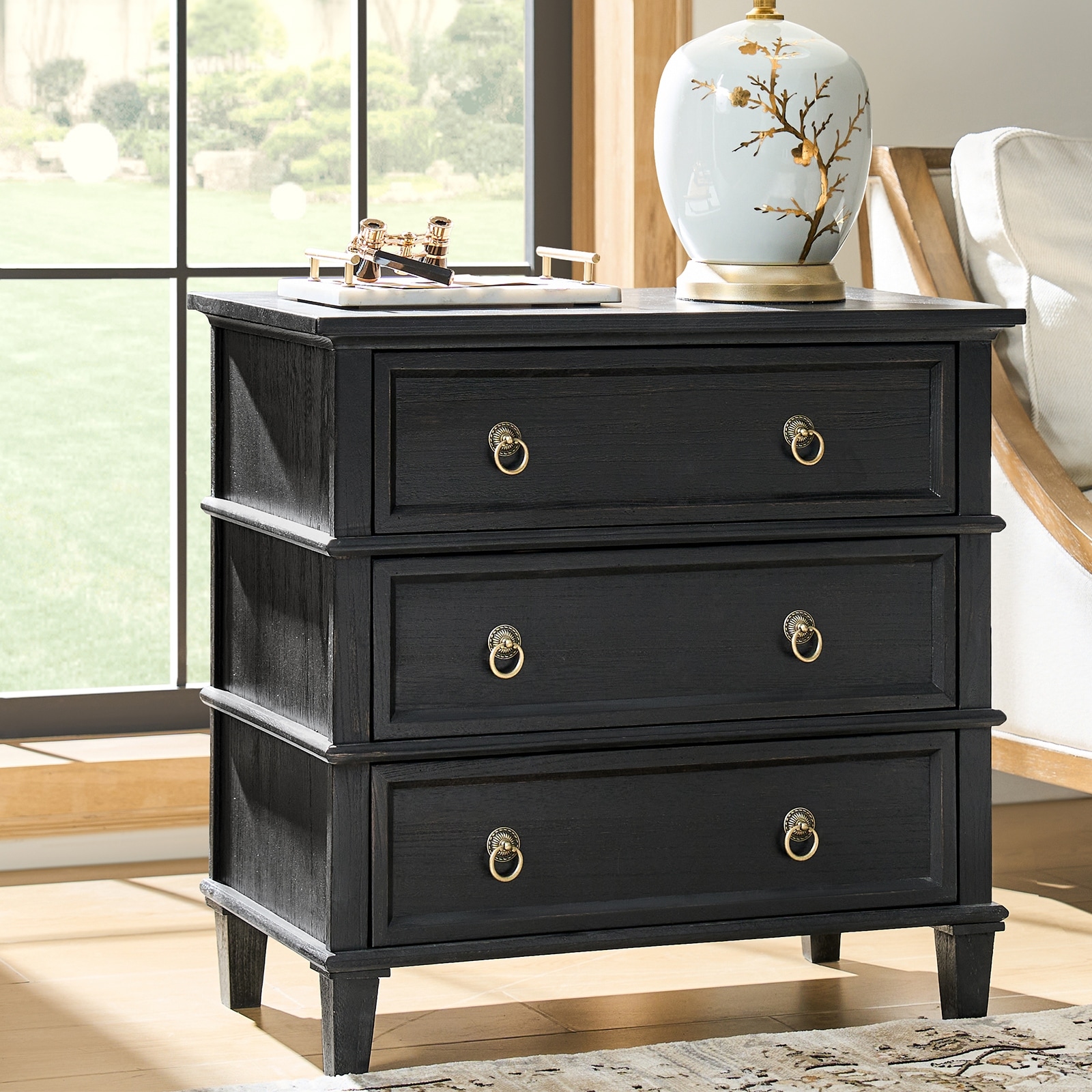 HULALA HOME Lev Trasitional 3-Drawer Solid Wood End Table with Built-in Charging Station