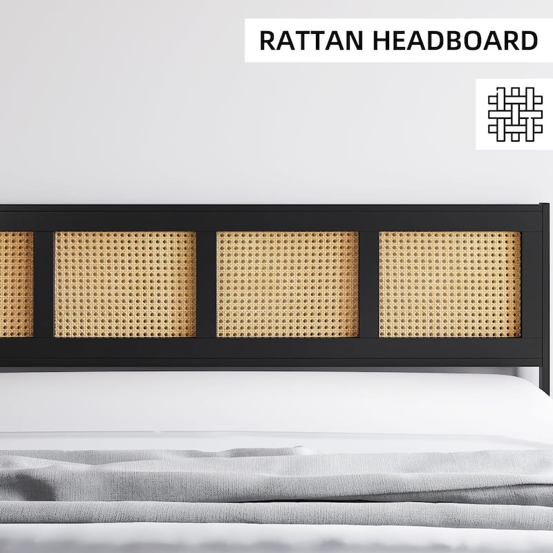 Black Bed Frame with Rattan Headboard and Footboard