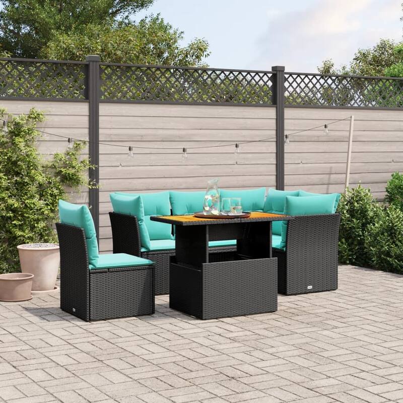 vidaXL 5 Piece Patio Sofa Set with Cushions Black Poly Rattan - 24.4 x 24.4 x 27.2 - Black-Table + middle + 3x corner