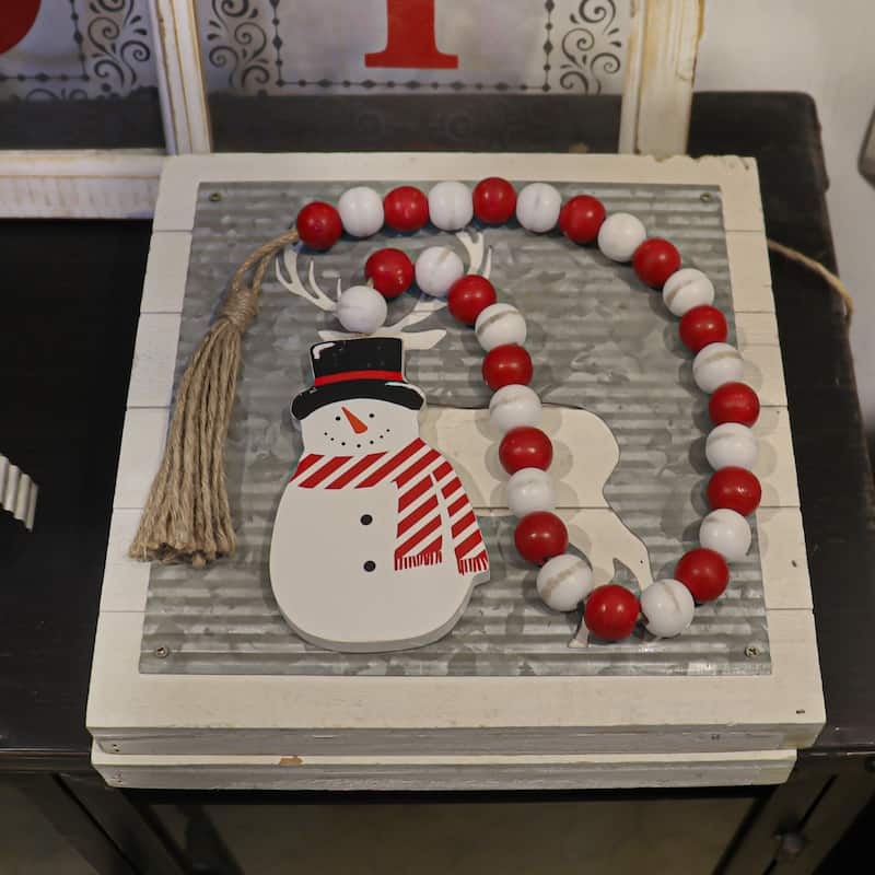 Snowman Winter Decor Wood Bead Garland with Tassels, Farmhouse Garland