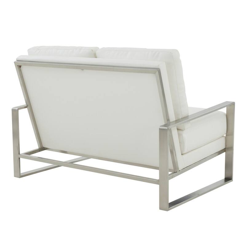 Jefferson Modern Leather Loveseat with Brushed Silver Stainless Steel Base, Removable Cushions, Sinuous Springs, Fully Assembled