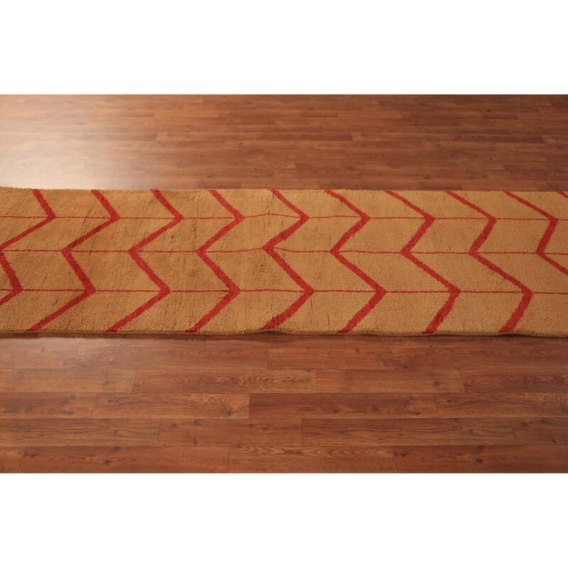 Hand Knotted Oriental 100% Wool Carpet Modern Geometric Oranges & Rust Moroccan Runner Rug - 9' 10'' X 2' 9''