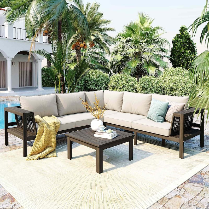4-Piece Acacia Wood L-Shaped Patio Sofa Set with Side Table For 5