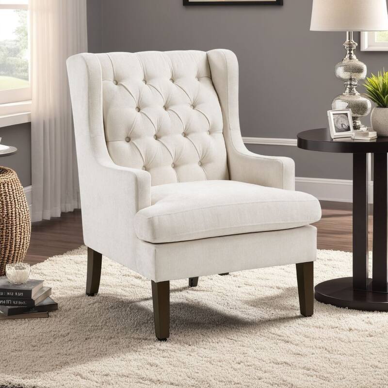 Hosanna Accent Wing Armchair, Button Tufted Beige Polyester, Brown