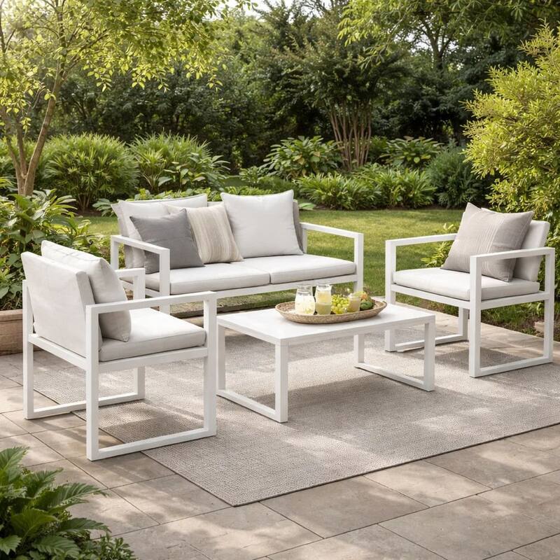 Lark 50 Inch Sofa and Table Set, All Weather Rattan, White Fabric Cushions