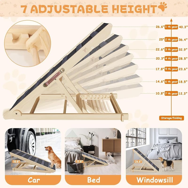Wooden Dog Ramp Adjustable Folding Portable Pet Ramp with Sticky Roller - Natural - 41" x 15.7" x 4"