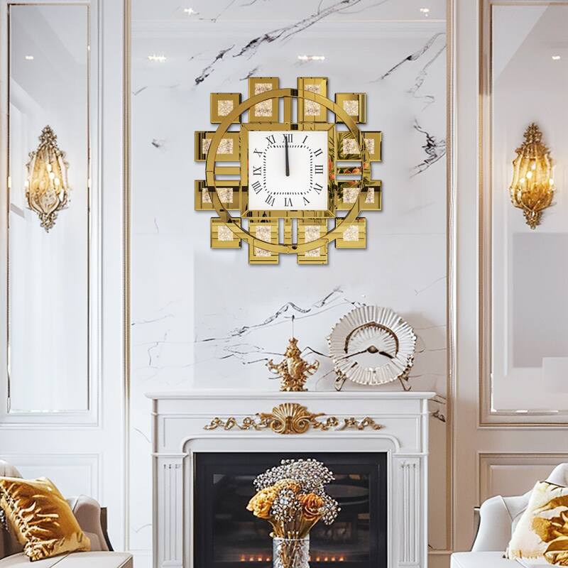 Gold/Silver Irregular Luxury Mirrored Wall Clock w/Crushed Diamond Inlay - 23.62x23.62 inch