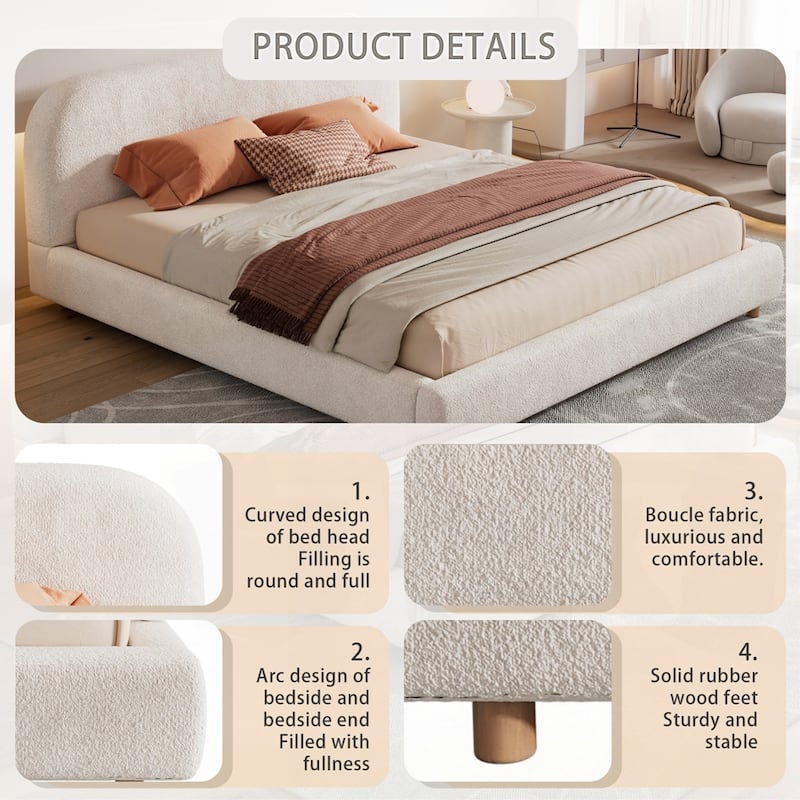 Upholstered Platform Bed with Curve-Shaped Design Headboard