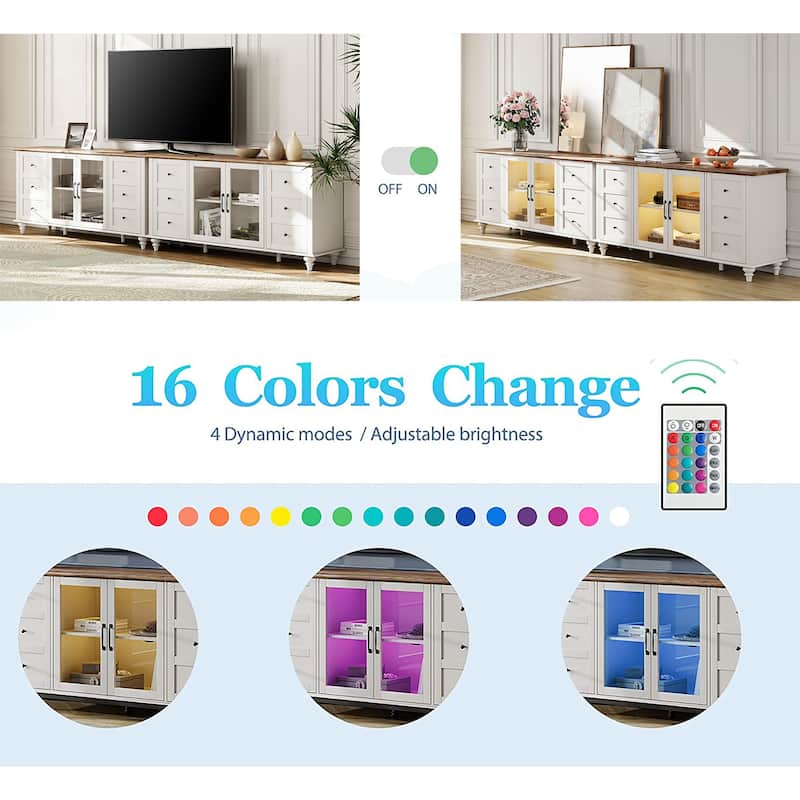 WAMPAT Farmhouse 2 in 1 TV Stand with Glass Door for up to 110" TVs, Modern Entertainment Center with LED Light - 116''