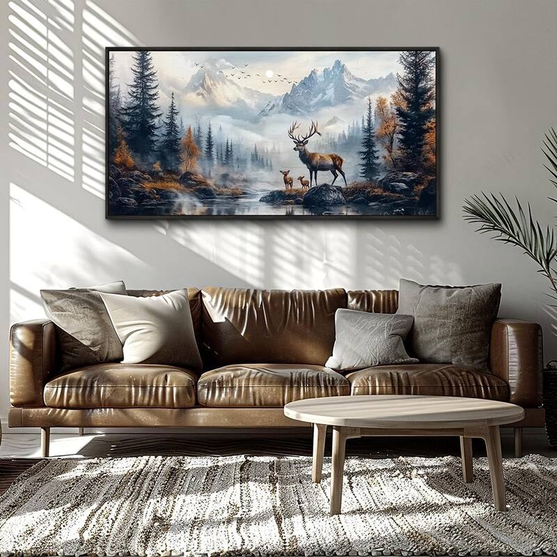 Elk Foggy Mountain Landscape Painting Scenery Stretched and Framed