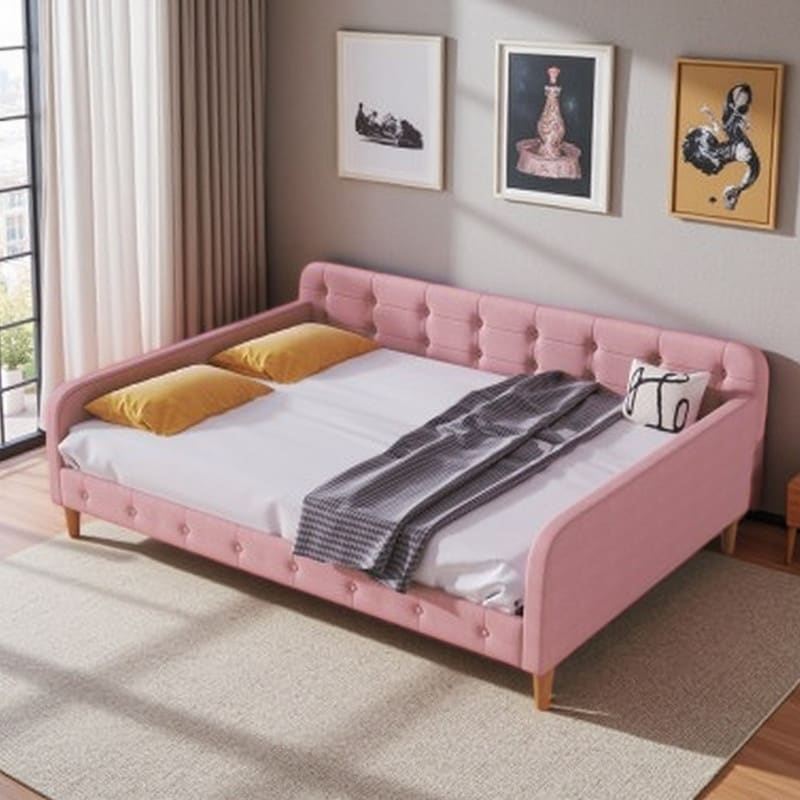 Full Size Linen Upholstered Daybed with Armrests & Sturdy Frame, Modern Sofa Bed with 4 Support Legs